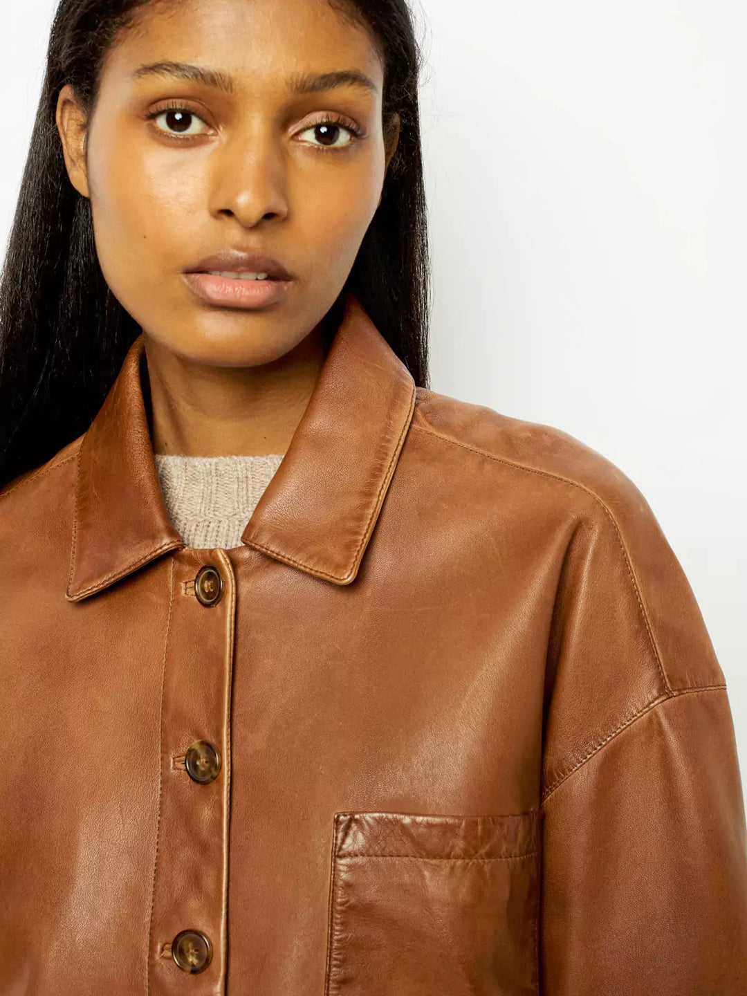 Classic Brown Faux Leather Button-Up Jacket