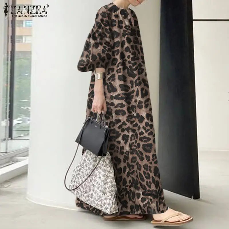 Fashion Printed Maxi Dress Women's Leopard Sundress 2023 ZANZEA Spring Puff Sleeve Long Vestidos Female V Neck Robe Oversize