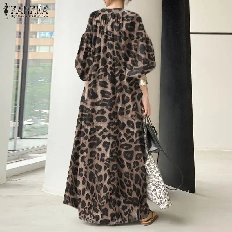 Fashion Printed Maxi Dress Women's Leopard Sundress 2023 ZANZEA Spring Puff Sleeve Long Vestidos Female V Neck Robe Oversize