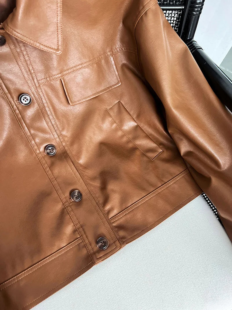 Vintage-Inspired Brown Faux Leather Button-Up Jacket