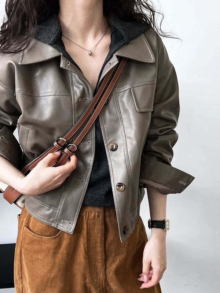 Vintage-Inspired Brown Faux Leather Button-Up Jacket