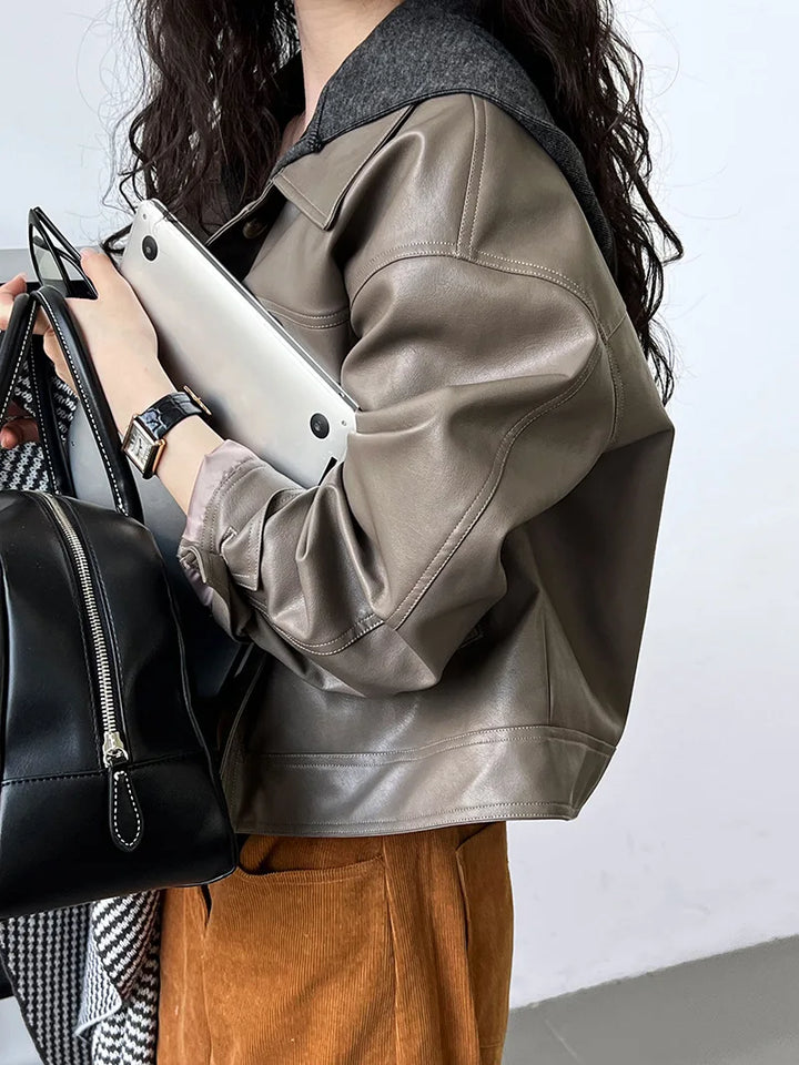 Vintage-Inspired Brown Faux Leather Button-Up Jacket