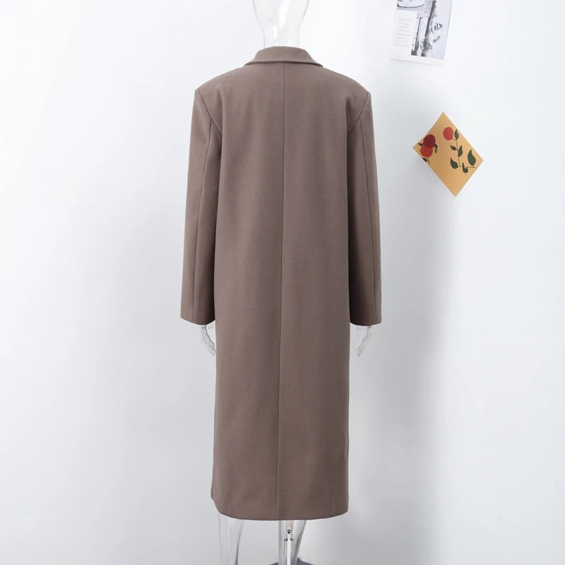 Solid Long Double-Breasted Woolen Overcoat