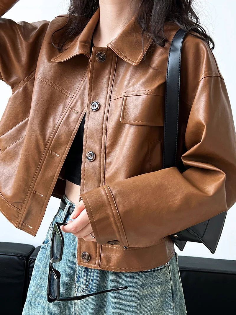 Vintage-Inspired Brown Faux Leather Button-Up Jacket