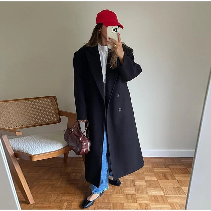 Solid Long Double-Breasted Woolen Overcoat