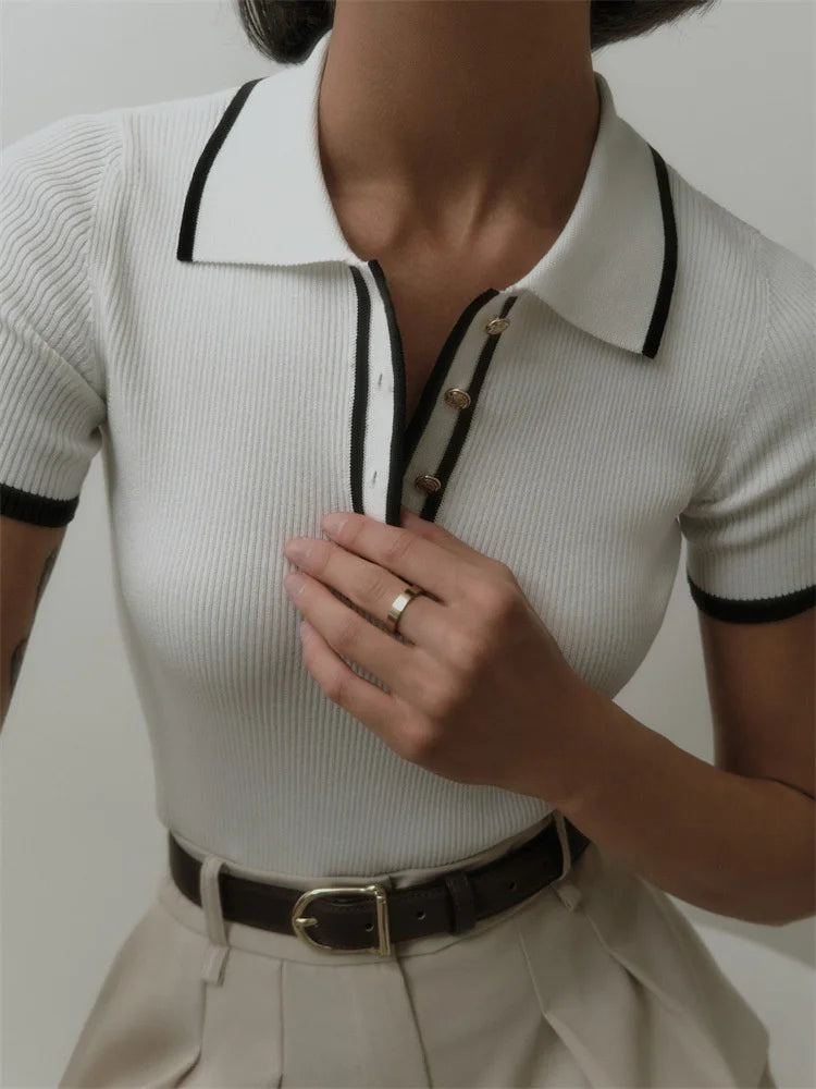 Ribbed Short Sleeve Knit Top with Lapel Accent