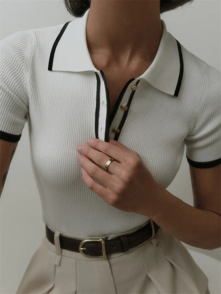 Ribbed Short Sleeve Knit Top with Lapel Accent