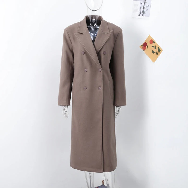 Solid Long Double-Breasted Woolen Overcoat