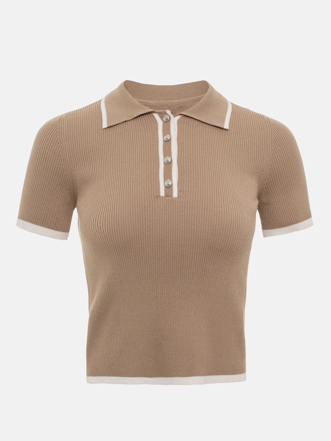 Ribbed Short Sleeve Knit Top with Lapel Accent