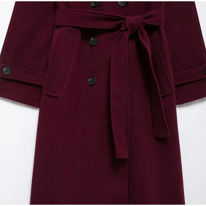 Solid Long Double-Breasted Woolen Overcoat