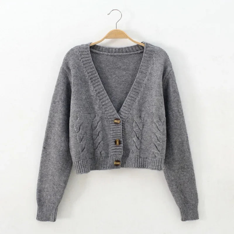 V Neck Cropped Cardigan Women Long Sleeve Twist Knitted Sweater