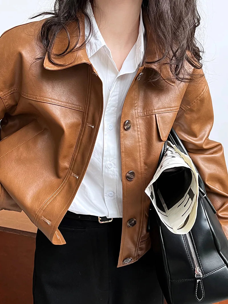 Vintage-Inspired Brown Faux Leather Button-Up Jacket