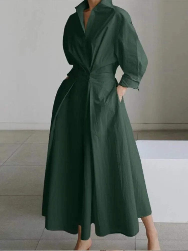 Spring Dress Long Sleeve Solid Color Cotton Linen Elegant Maxi Dresses For Women 2024 Casual V Neck Shirt Party Long Dress Robe