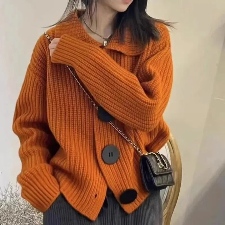 Loose Knitted Open Shirt Women Spring Autumn Fashion Large Buckle Flip Collar Short Sweater Coat