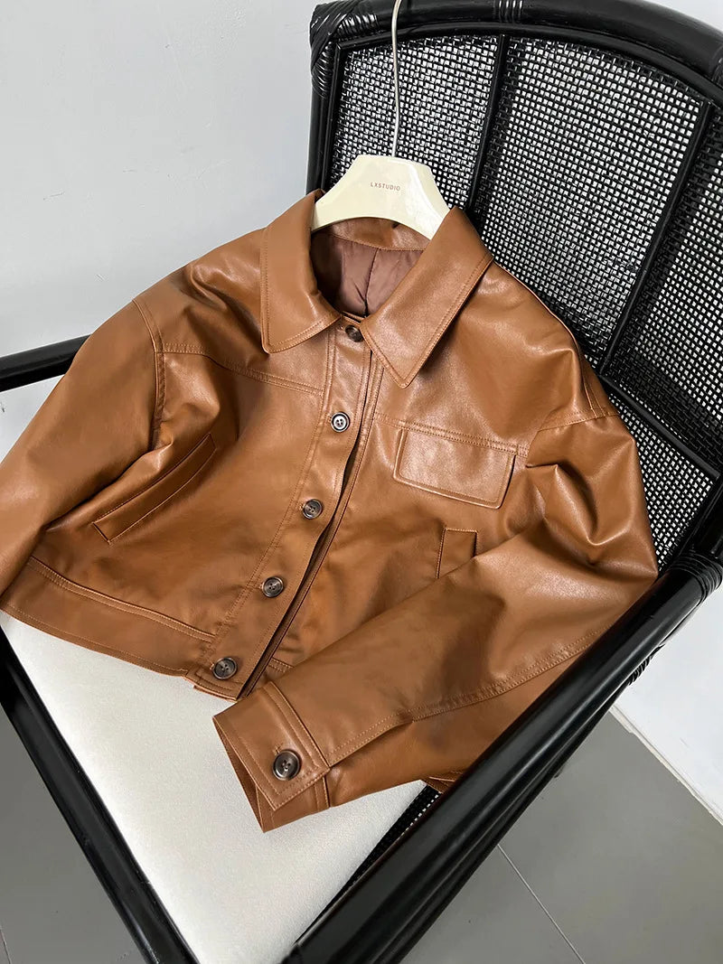 Vintage-Inspired Brown Faux Leather Button-Up Jacket