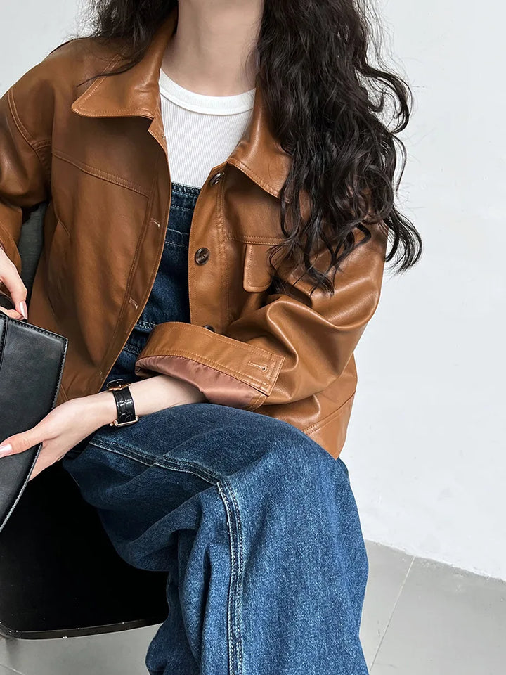 Vintage-Inspired Brown Faux Leather Button-Up Jacket