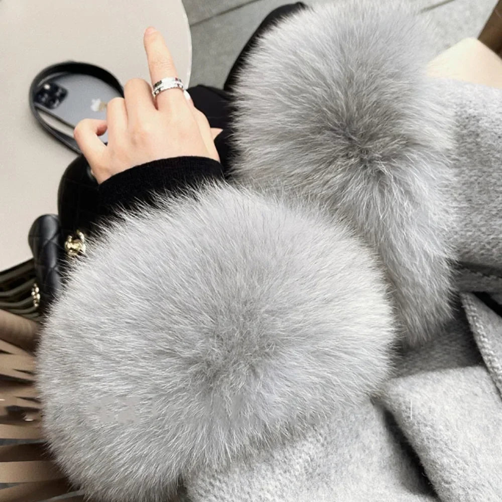 Double-Sided Wool & Fox Fur Coat with Removable Cuffs