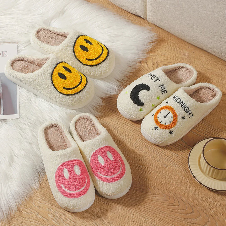 Cotton slippers female autumn and winter couple home indoor plush slippers non-slip warm clock smiley cotton slippers male