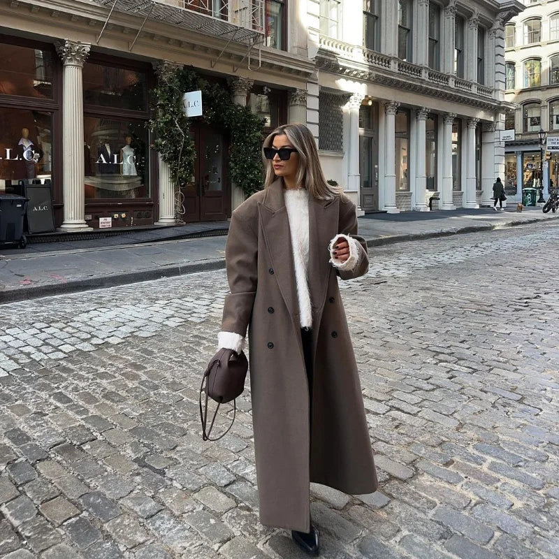 Solid Long Double-Breasted Woolen Overcoat