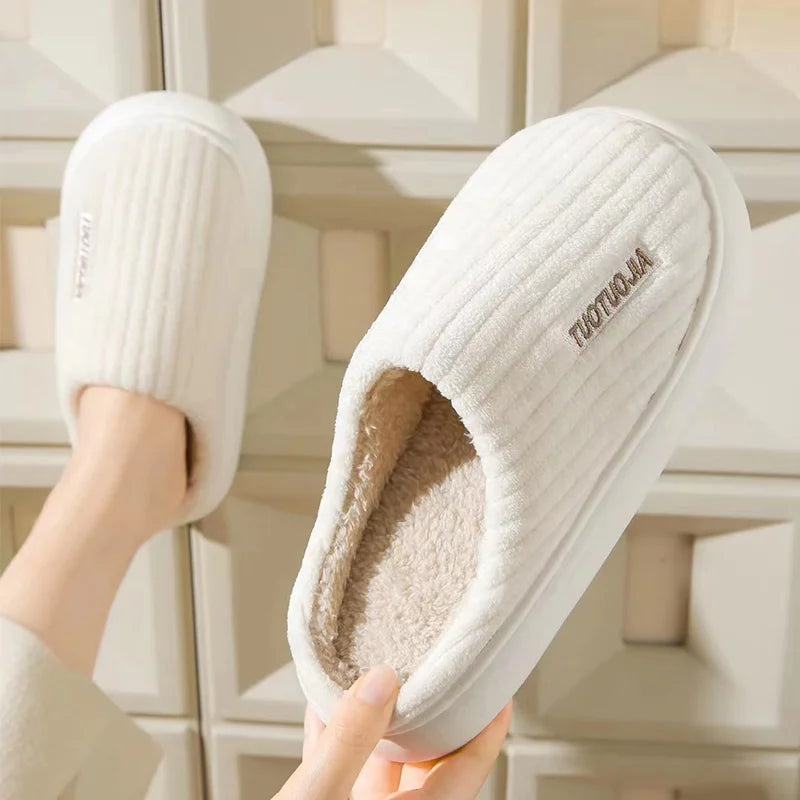 Couple Slippers Indoor Stripe Fluff Memory Foam Fluffy Eva Anti-skid Soft Heel Non Slip Plush Slippers Women's Winter Houseshoes