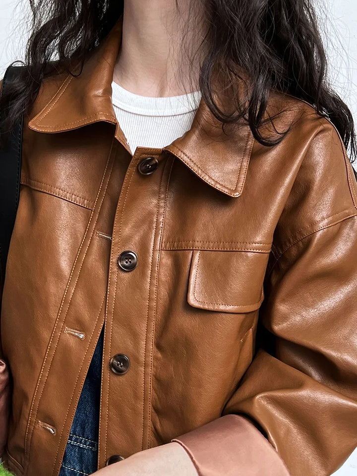 Vintage-Inspired Brown Faux Leather Button-Up Jacket