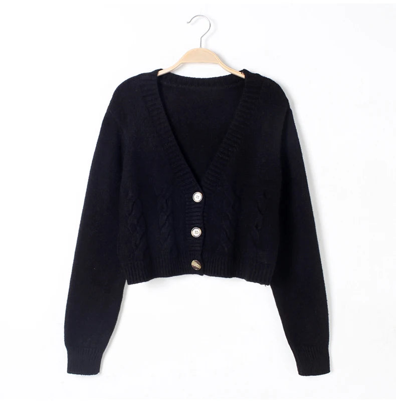 V Neck Cropped Cardigan Women Long Sleeve Twist Knitted Sweater