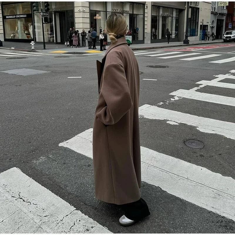 Solid Long Double-Breasted Woolen Overcoat