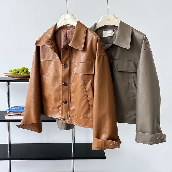 Vintage-Inspired Brown Faux Leather Button-Up Jacket