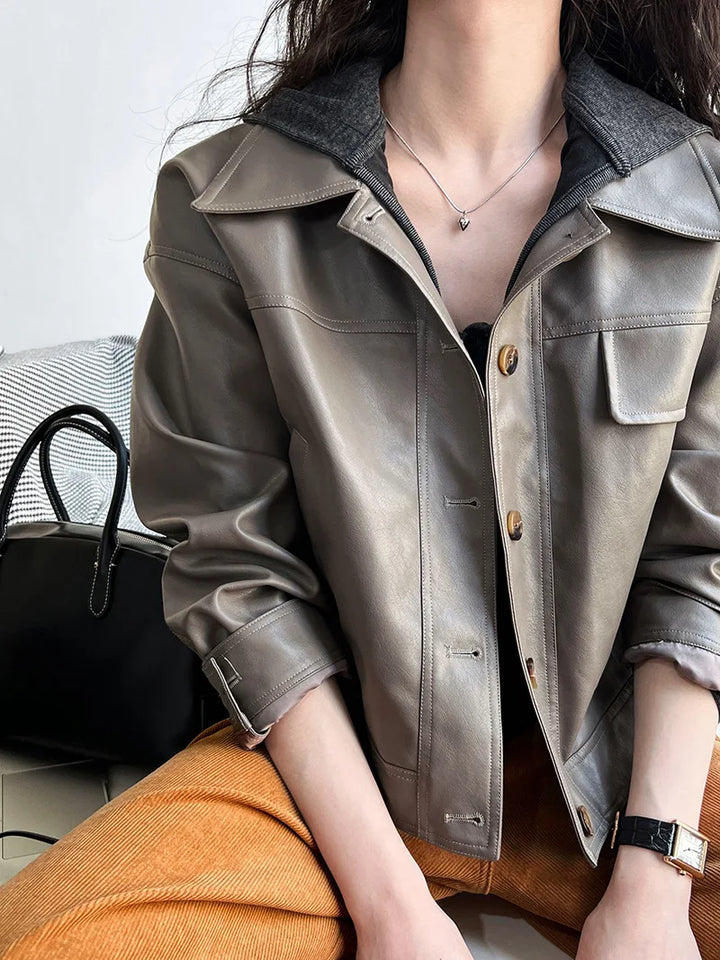 Vintage-Inspired Brown Faux Leather Button-Up Jacket