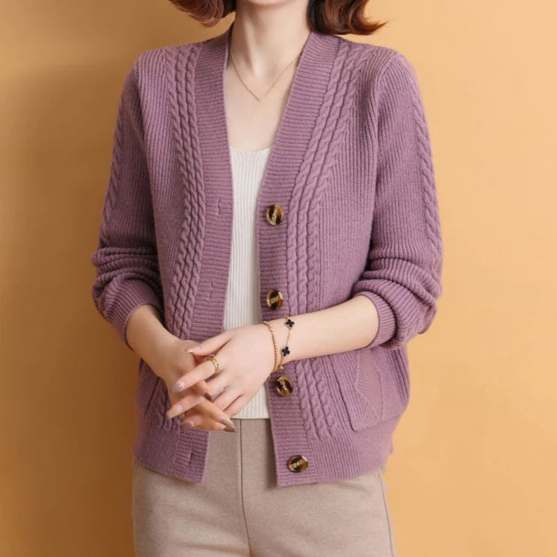 Autumn Winter V Neck Knitted Cardigan Women Simple Long Sleeve Twist Sweaters Woman All Match Single Breasted Cardigans Laides