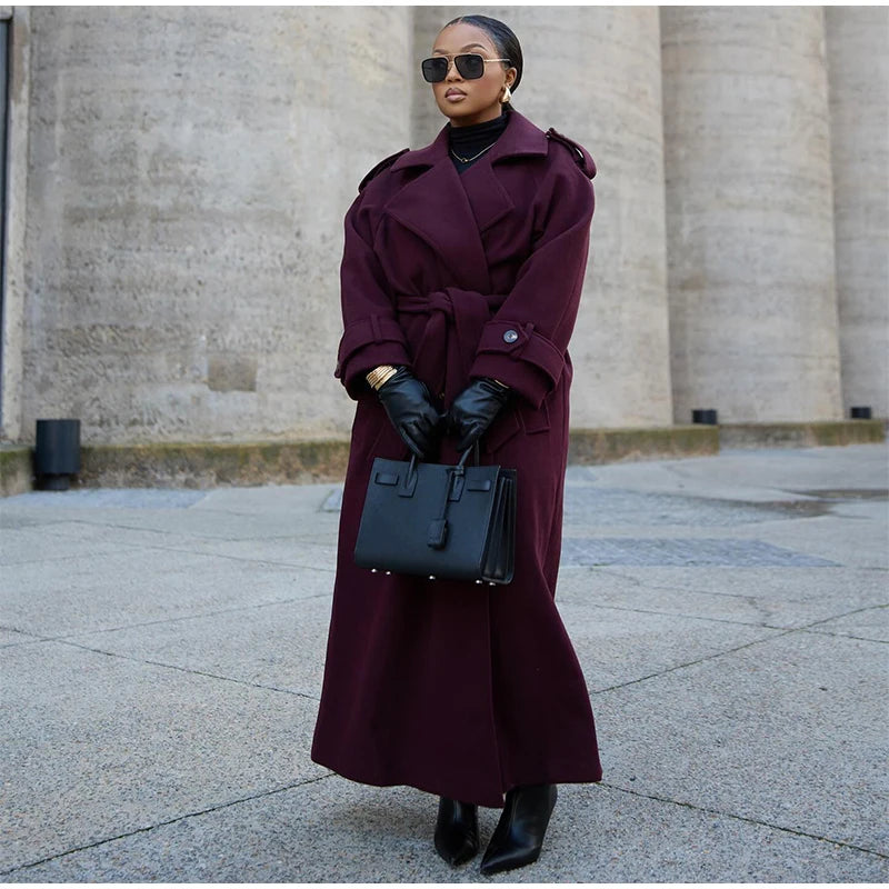 Solid Long Double-Breasted Woolen Overcoat