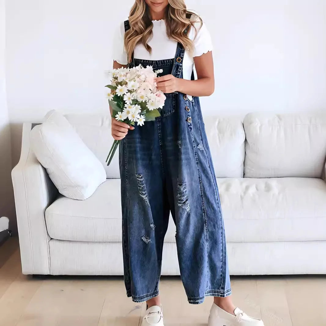 Loose Fit Distressed Denim Overalls