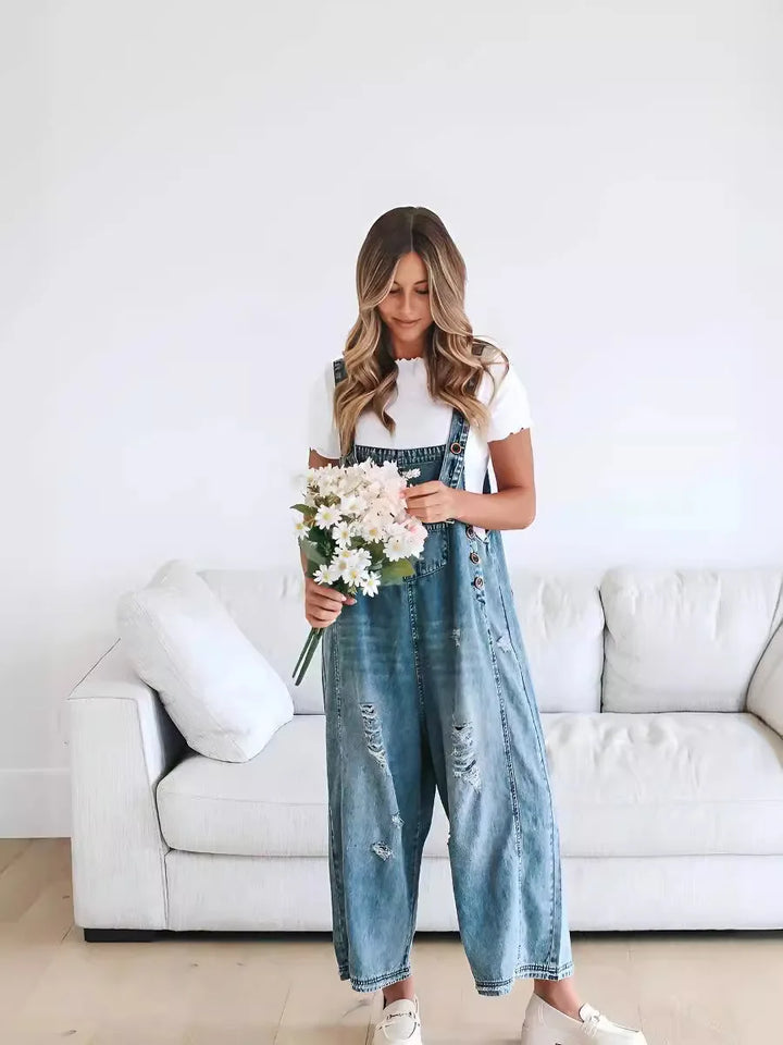 Loose Fit Distressed Denim Overalls