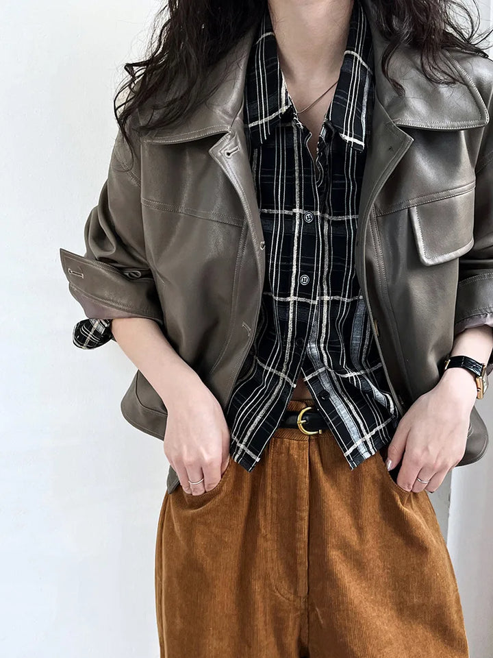 Vintage-Inspired Brown Faux Leather Button-Up Jacket