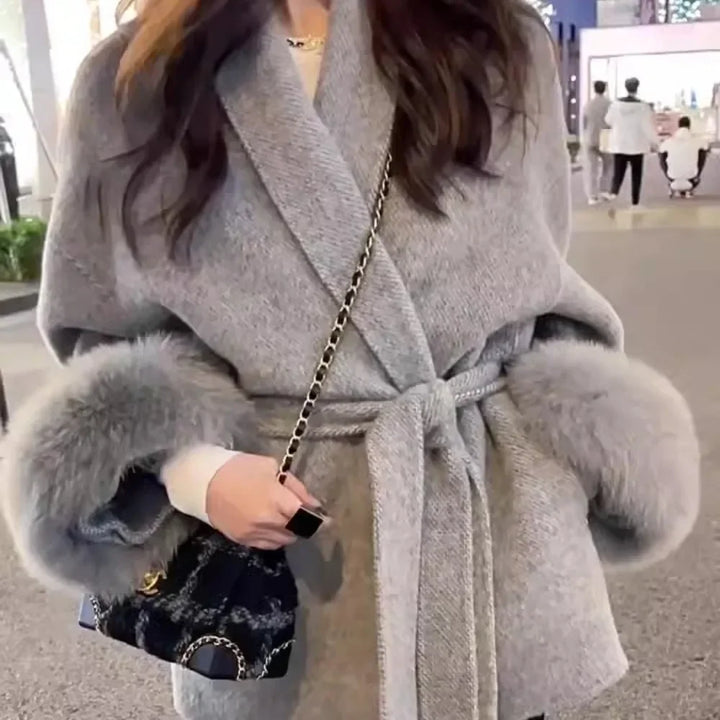 Double-Sided Wool & Fox Fur Coat with Removable Cuffs