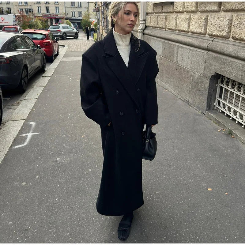 Solid Long Double-Breasted Woolen Overcoat