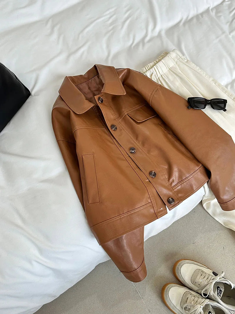 Vintage-Inspired Brown Faux Leather Button-Up Jacket