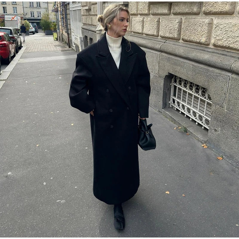 Solid Long Double-Breasted Woolen Overcoat