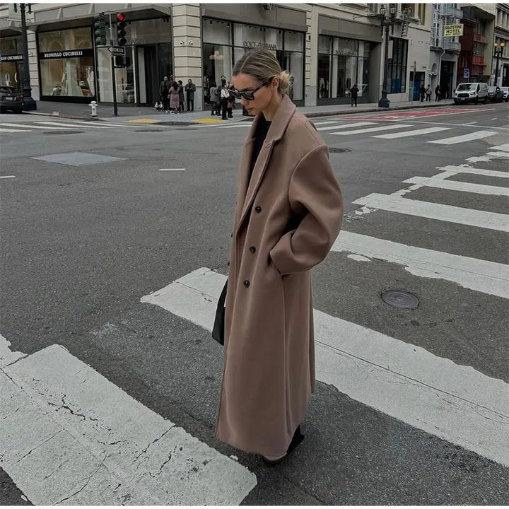 Solid Long Double-Breasted Woolen Overcoat