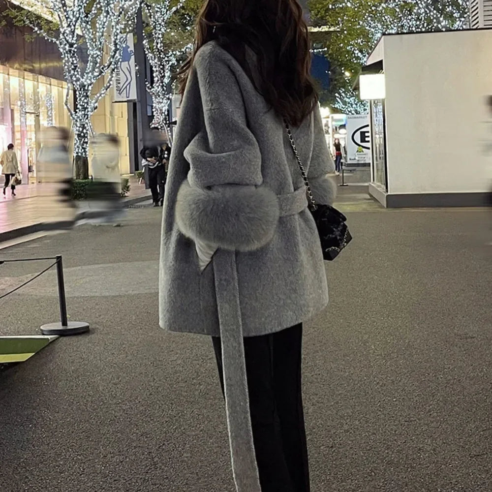 Double-Sided Wool & Fox Fur Coat with Removable Cuffs