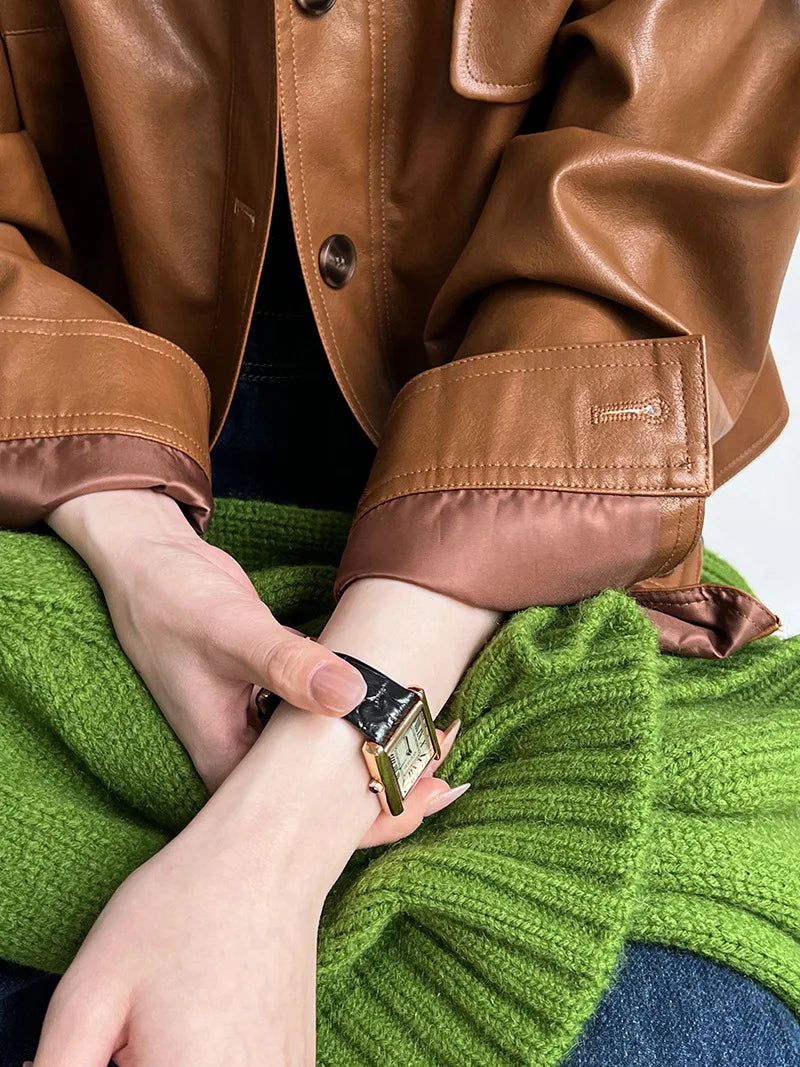 Vintage-Inspired Brown Faux Leather Button-Up Jacket