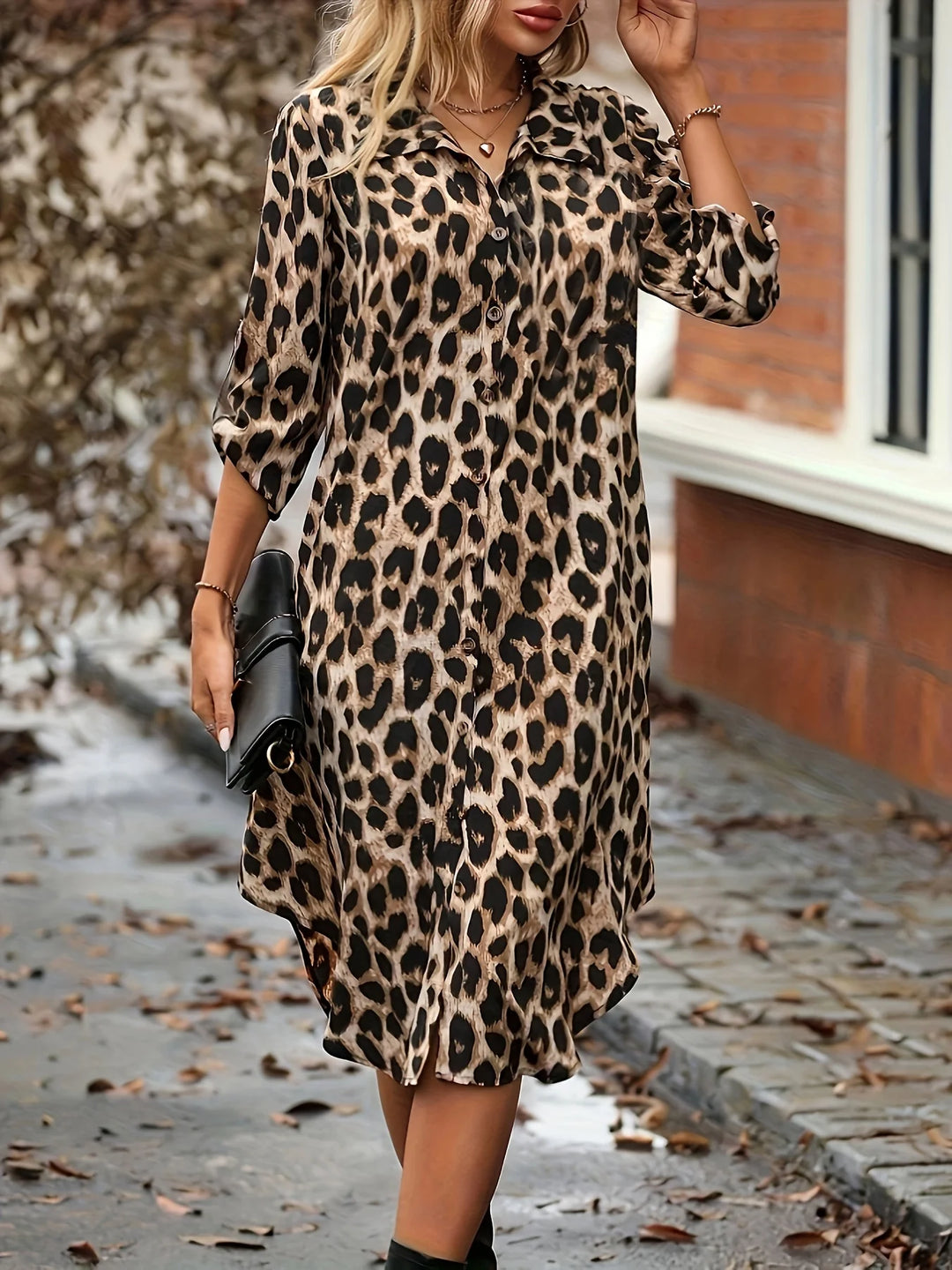 New Elegant Women's Summer Leopard Shirt Dress Casual Loose Turn Down Collar Mid Calf Straight Long Dresses