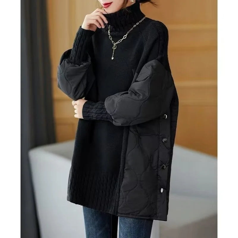 European Station turtleneck Sweater Women's Autumn/Winter Jacket 2023 New Thicke Loose Outerwear Spliced Cotton Tops Female Coat