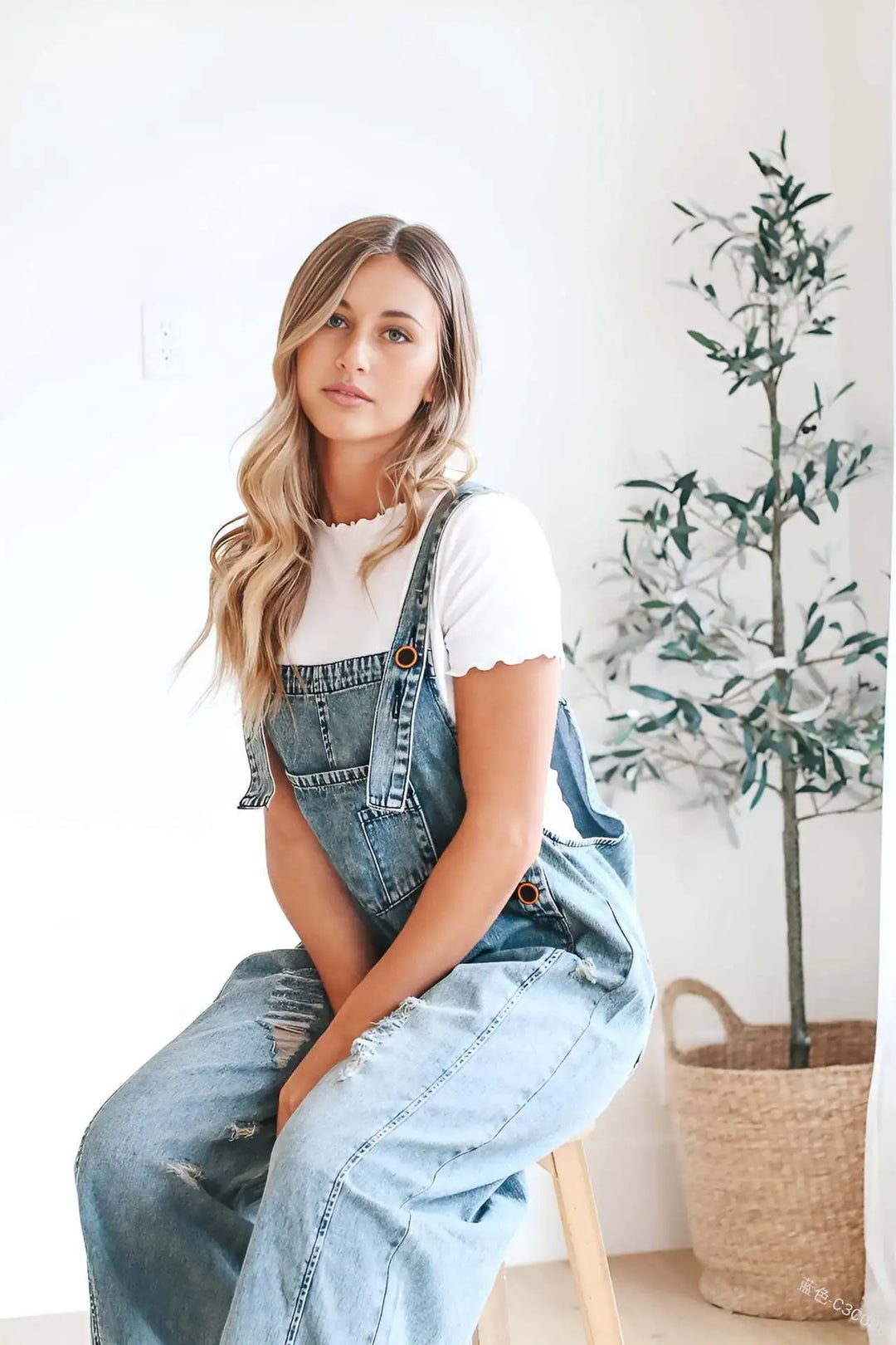 Loose Fit Distressed Denim Overalls