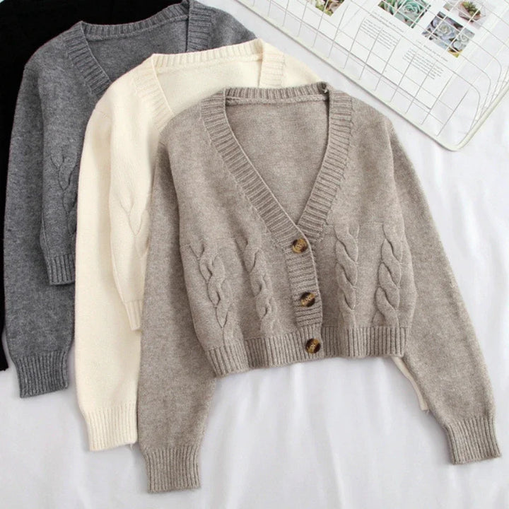 V Neck Cropped Cardigan Women Long Sleeve Twist Knitted Sweater