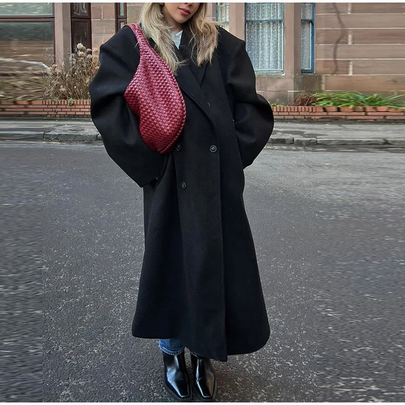 Solid Long Double-Breasted Woolen Overcoat