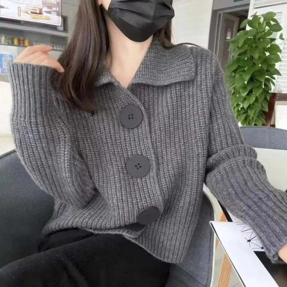 Loose Knitted Open Shirt Women Spring Autumn Fashion Large Buckle Flip Collar Short Sweater Coat