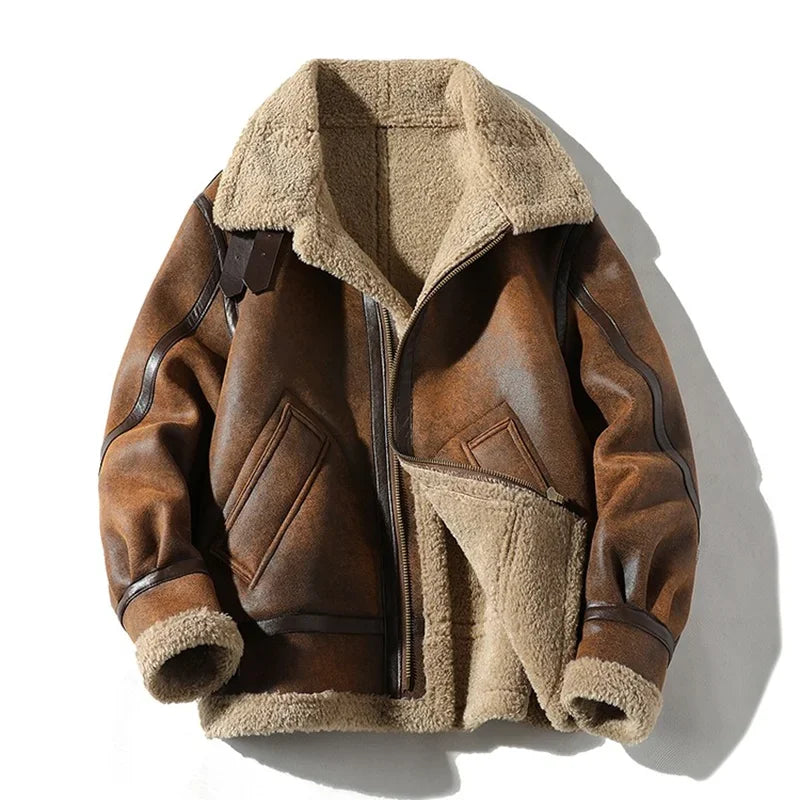 Fur-Lined PU Leather Jacket