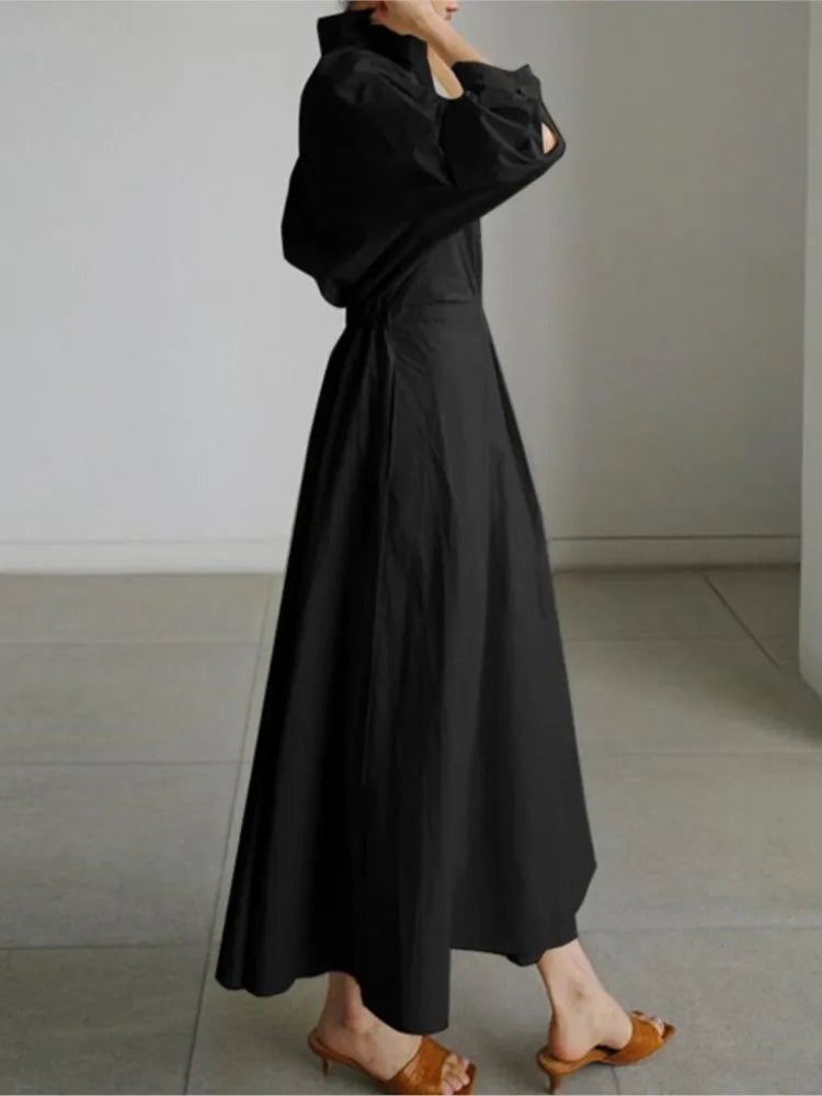 Spring Dress Long Sleeve Solid Color Cotton Linen Elegant Maxi Dresses For Women 2024 Casual V Neck Shirt Party Long Dress Robe