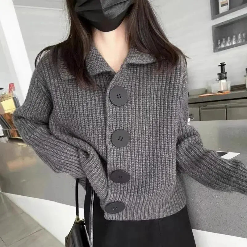 Loose Knitted Open Shirt Women Spring Autumn Fashion Large Buckle Flip Collar Short Sweater Coat